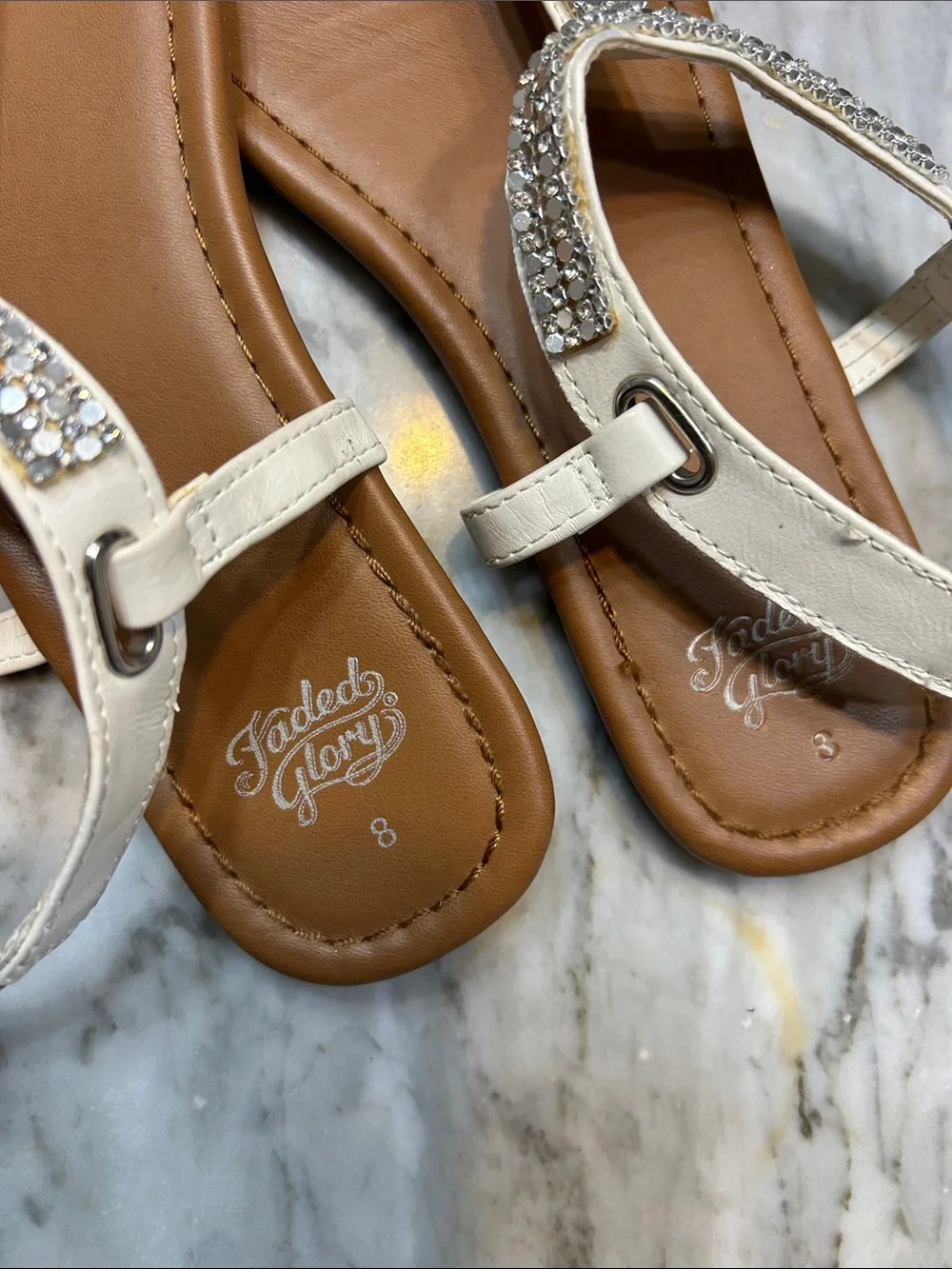 Goddess White and Brown Crystal T-Strap Sandals